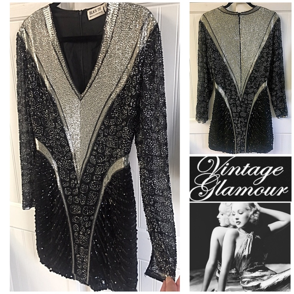 Vintage Glam Beaded Plunge Statement Mini Dress 12